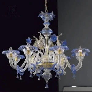 لوستر دست ساز مورانو شاخهای آبی نصب شده در سالن پذیرایی