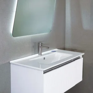 روشویی کابینتی فلت مدل 05 با آینه لمسی مورب و صفحه سرامیکی مقاوم