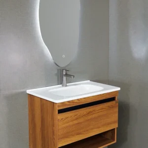 روشویی کابینتی چوب روشن مدل 12 با درب جک‌دار و آینه تاچ بک‌لایت