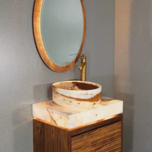 روشویی کابینتی مدل 13 با سنگ طبیعی مرمر، آینه LED و درب کرکره‌ای جک‌دار