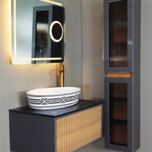 روشویی کابینتی مدل 14 با ترکیب PVC و ترموود، باکس کاربردی و آینه تاچ