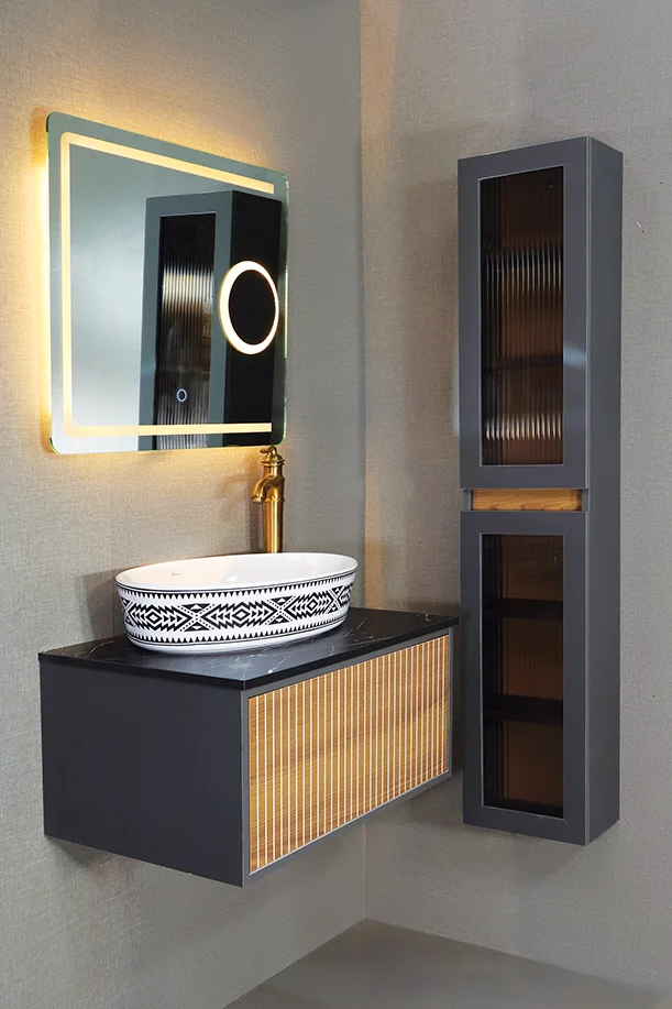 روشویی کابینتی مدل 14 با ترکیب PVC و ترموود، باکس کاربردی و آینه تاچ