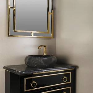 روشویی کابینتی مشکی دو کشو مدل 39 با بدنه استیل ساموین 304 و صفحه سنگ طبیعی