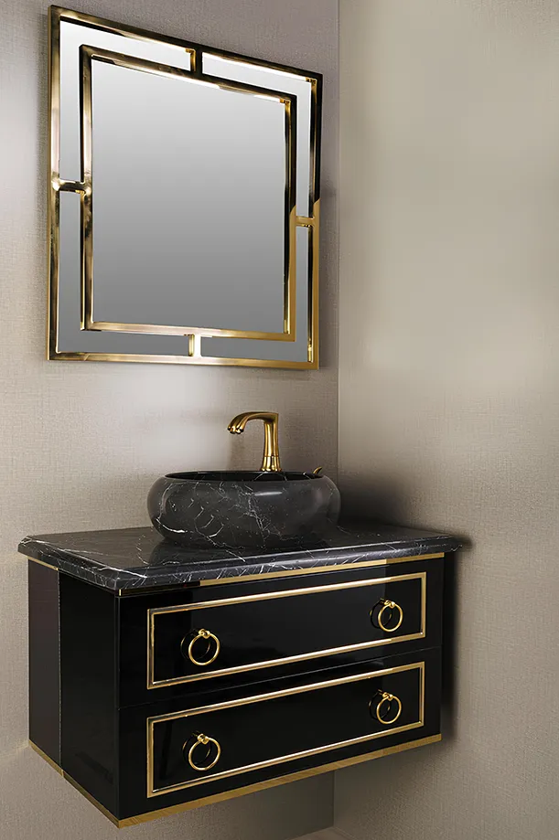 روشویی کابینتی مشکی دو کشو مدل 39 با بدنه استیل ساموین 304 و صفحه سنگ طبیعی