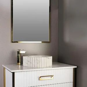 روشویی کابینتی سفید دو کشو مدل 40 با طراحی CNC و بدنه استیل ساموین 304