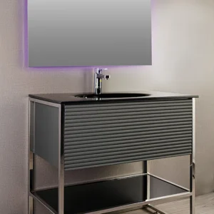 روشویی کابینتی پایه‌دار شیشه‌ای مدل 41 با طراحی CNC و پایه استیل ساموین 304