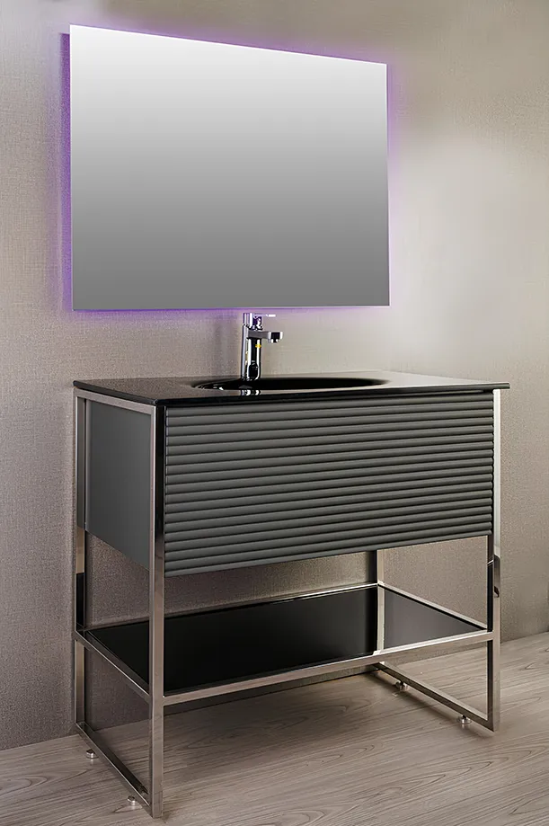 روشویی کابینتی پایهدار شیشهای مدل 41 با طراحی CNC و پایه استیل ساموین 304