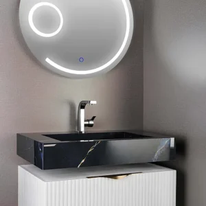 روشویی کابینتی سفید ممبران مدل 42 با طراحی CNC و آینه تاچ زوم‌دار 5x