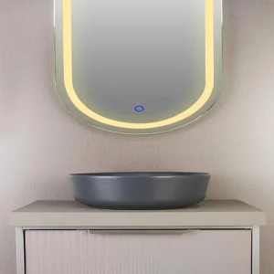 روشویی کابینتی طوسی ممبران مدل 45 با آینه بیضی LED و بدنه PVC ضد آب