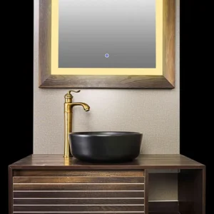 روشویی کابینتی ونگه با کاسه مشکی مدل 52 با بدنه PVC و آینه تاچ سند بلاست