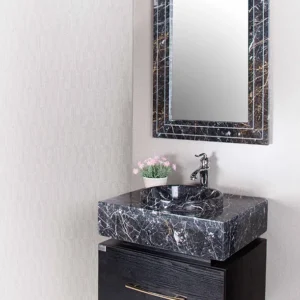 روشویی کابینتی سنگ طبیعی 3D بلک مدل کد 74 با کشوی آرام‌بند و آینه بلند