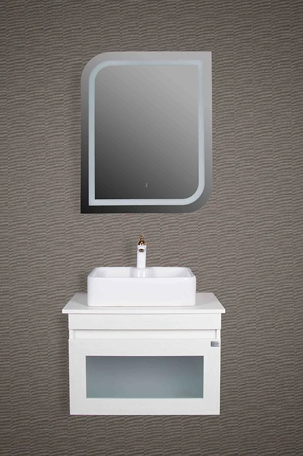 روشویی کابینتی PVC مدل 83 با کاسه روکار و آینه LED لمسی