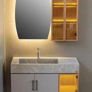 روشویی کابینتی سرامیکی مدرن ترکیب چوب و رنگ طوسی کد 01