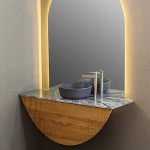 روشویی کابینتی هلال مدل 17 با چوب و سنگ طبیعی الیگودرز و آینه LED