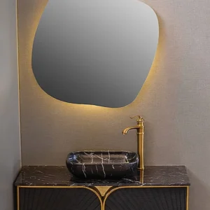 روشویی کابینتی مدل 18 طرح قلب با سنگ طبیعی، استیل ساموین و آینه هرمه LED