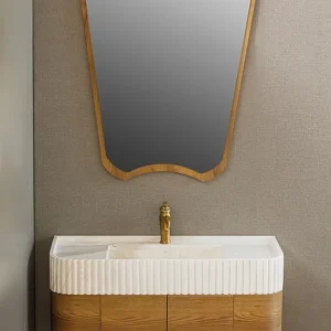 روشویی کابینتی مدل 19 با ترکیب سنگ و چوب، آینه کلاسیک و صفحه CNC