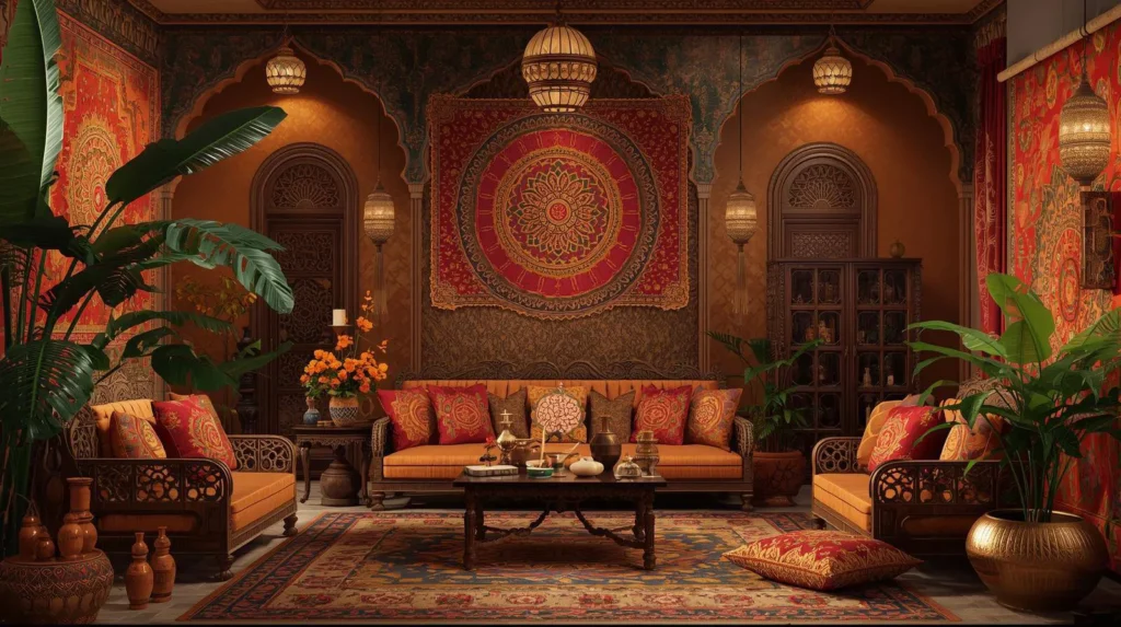 اتاق نشیمن هندی با کوسن‌های رنگارنگ و فرش دست‌بافت