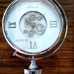 تصویر ساعت سه‌پایه فلزی دیزل اس سفید و نقره‌ای